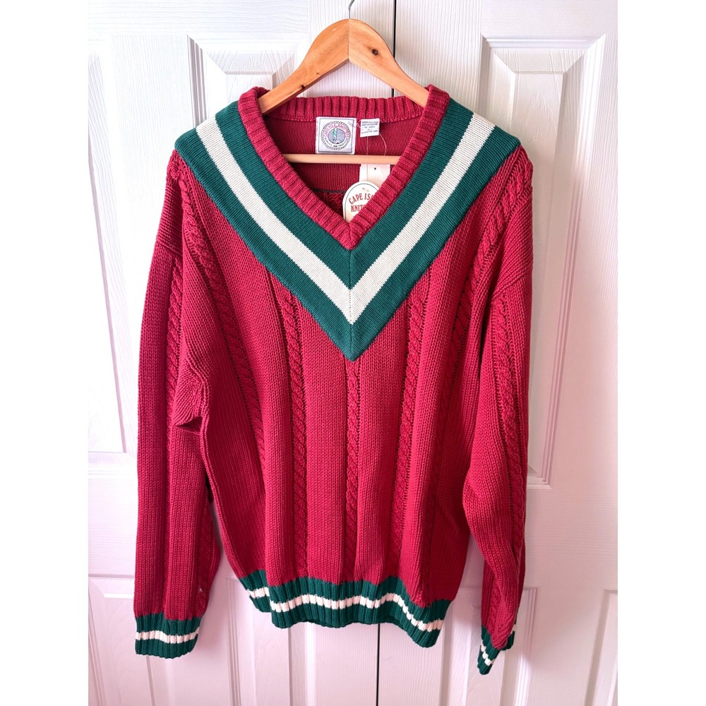 DEADSTOCK! VINTAGE 90s Cape Isle Knitters Red Cable Knit Cricket Tennis SweaterL